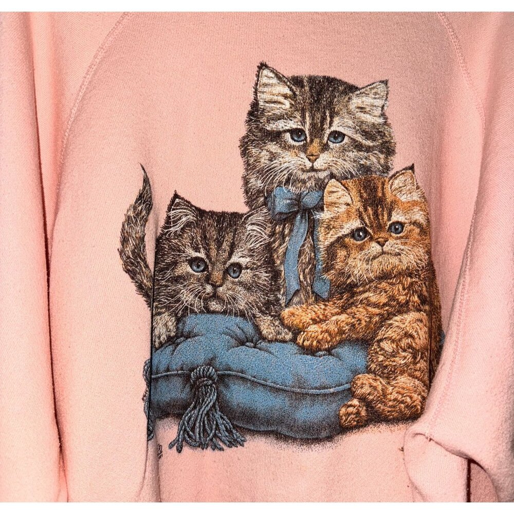 XXL Vintage Tultex Kitten Print Pink Sweatshirt - Picture 3 of 7